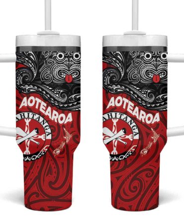 Maori Kotahitanga Aotearoa With Maori Mask And Polynesian Art Tattoo Custom Stanley Quencher 40Oz Stainless Steel Tumbler With Handle