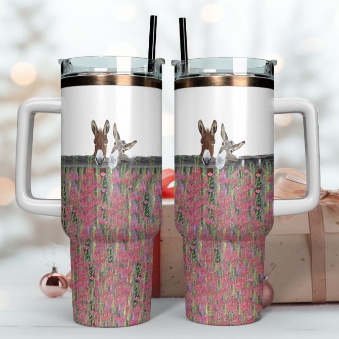 Miniature Donkeys In Snow Custom Stanley Quencher 40Oz Stainless Steel Tumbler With Handle - Image 4