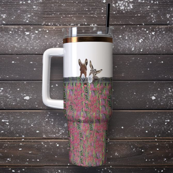 Miniature Donkeys In Snow Custom Stanley Quencher 40Oz Stainless Steel Tumbler With Handle - Image 2