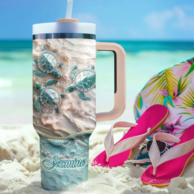 Nautical Waves And Turtle Custom Stanley Quencher 40Oz Stainless Steel Tumbler With Handle - Image 4