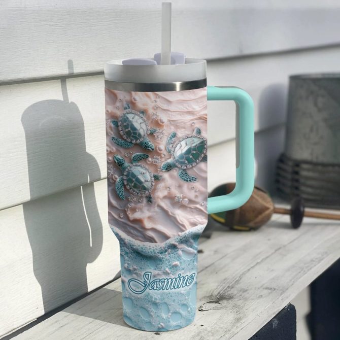 Nautical Waves And Turtle Custom Stanley Quencher 40Oz Stainless Steel Tumbler With Handle - Image 2