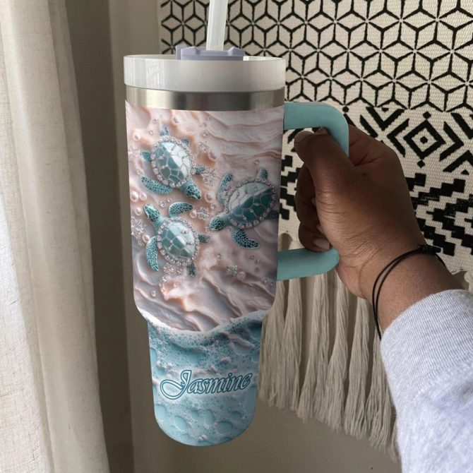Nautical Waves And Turtle Custom Stanley Quencher 40Oz Stainless Steel Tumbler With Handle - Image 3