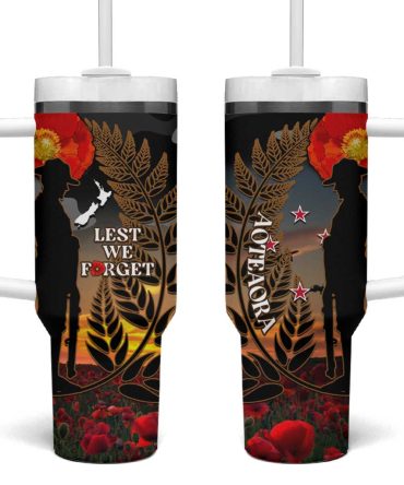 New Zealand Anzac Day Lest We Forget Silver Fern With Camouflage Custom Stanley Quencher 40Oz Stainless Steel Tumbler With Handle
