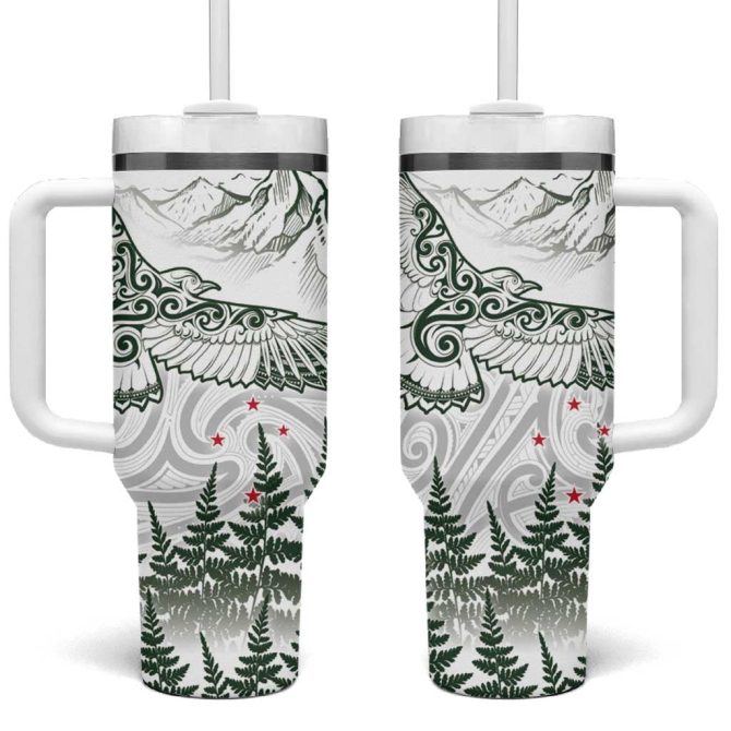 New Zealand Kea Bird Maori Tattoo And Silver Fern Green Color Custom Stanley Quencher 40Oz Stainless Steel Tumbler With Handle