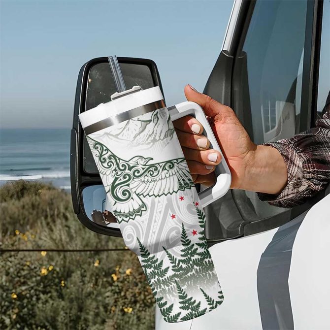 New Zealand Kea Bird Maori Tattoo And Silver Fern Green Color Custom Stanley Quencher 40Oz Stainless Steel Tumbler With Handle - Image 7