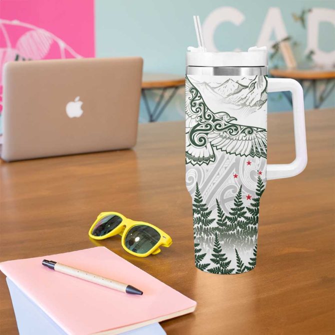 New Zealand Kea Bird Maori Tattoo And Silver Fern Green Color Custom Stanley Quencher 40Oz Stainless Steel Tumbler With Handle - Image 5