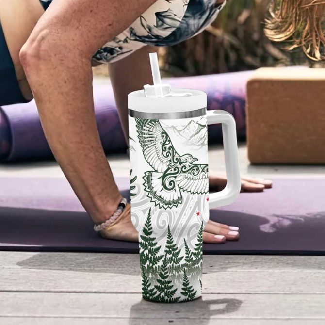 New Zealand Kea Bird Maori Tattoo And Silver Fern Green Color Custom Stanley Quencher 40Oz Stainless Steel Tumbler With Handle - Image 6