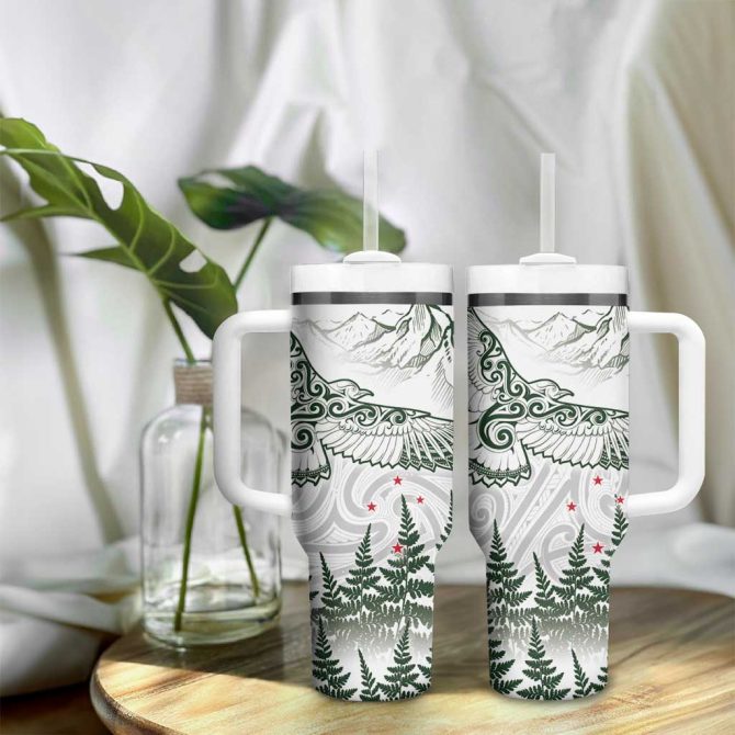 New Zealand Kea Bird Maori Tattoo And Silver Fern Green Color Custom Stanley Quencher 40Oz Stainless Steel Tumbler With Handle - Image 9