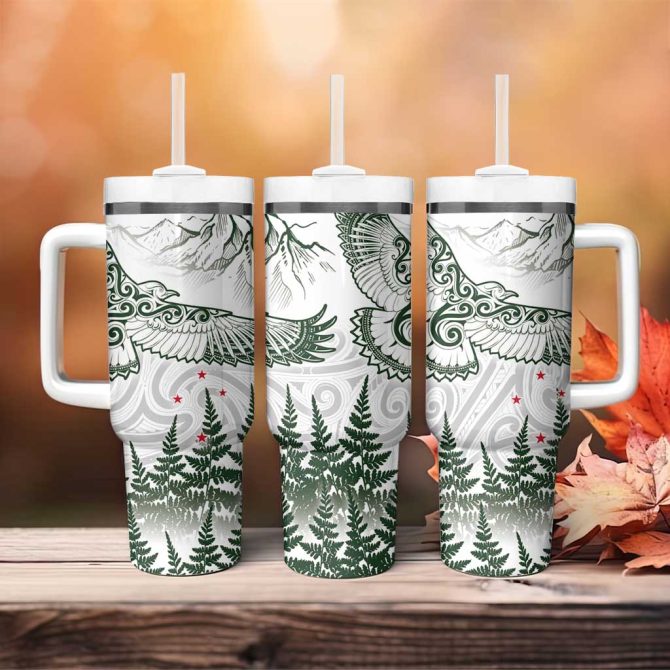 New Zealand Kea Bird Maori Tattoo And Silver Fern Green Color Custom Stanley Quencher 40Oz Stainless Steel Tumbler With Handle - Image 4