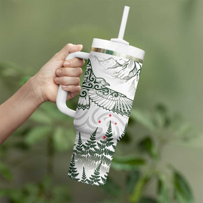 New Zealand Kea Bird Maori Tattoo And Silver Fern Green Color Custom Stanley Quencher 40Oz Stainless Steel Tumbler With Handle - Image 3