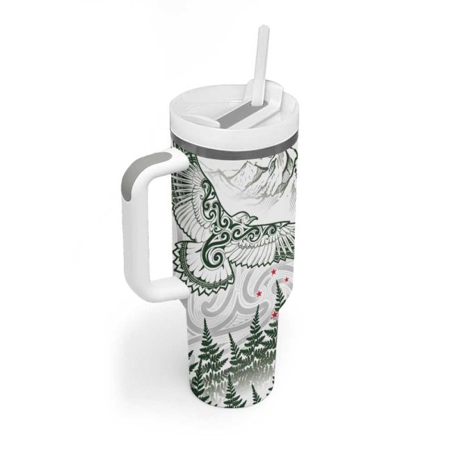 New Zealand Kea Bird Maori Tattoo And Silver Fern Green Color Custom Stanley Quencher 40Oz Stainless Steel Tumbler With Handle - Image 2