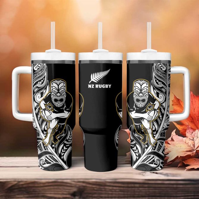 New Zealand Silver Fern Rugby All Black Maori Version Black Custom Stanley Quencher 40Oz Stainless Steel Tumbler With Handle