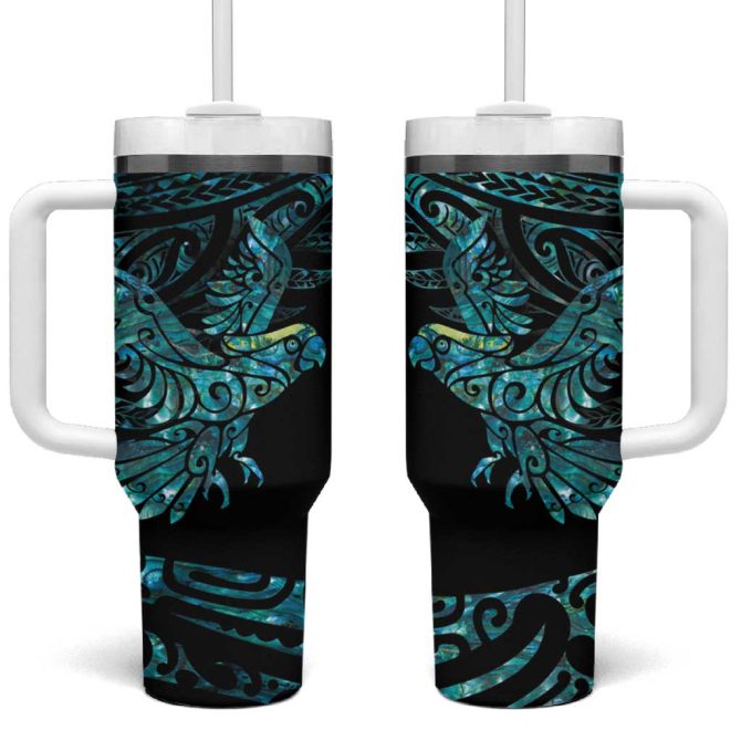 New Zealand Sulphur-Crested Cockatoo Aotearoa Maori Mix Paua Shell Custom Stanley Quencher 40Oz Stainless Steel Tumbler With Handle - Image 2