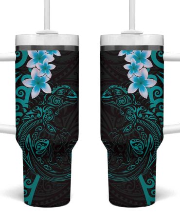 New Zealand Tuatara Plumeria Maori Teal Koru Tribal Tattoo Custom Stanley Quencher 40Oz Stainless Steel Tumbler With Handle