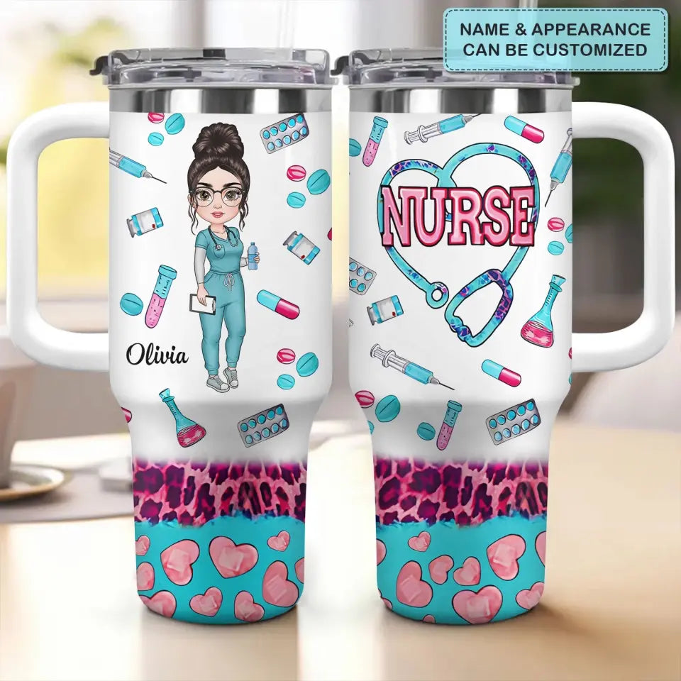 Nurse Life Leopard Custom Stanley Quencher 40Oz Stainless Steel Tumbler With Handle