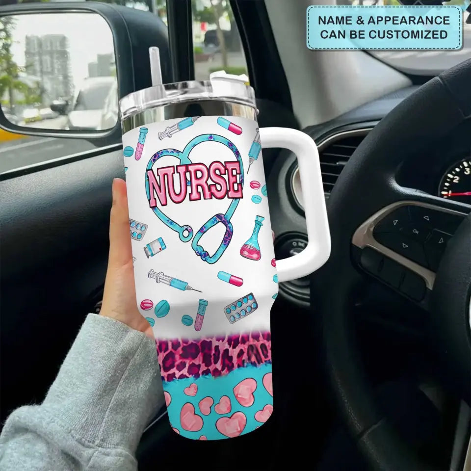Nurse Life Leopard Custom Stanley Quencher 40Oz Stainless Steel Tumbler With Handle - Image 2