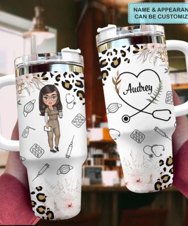 Nurse Life Leopard Pattern Custom Stanley Quencher 40Oz Stainless Steel Tumbler With Handle