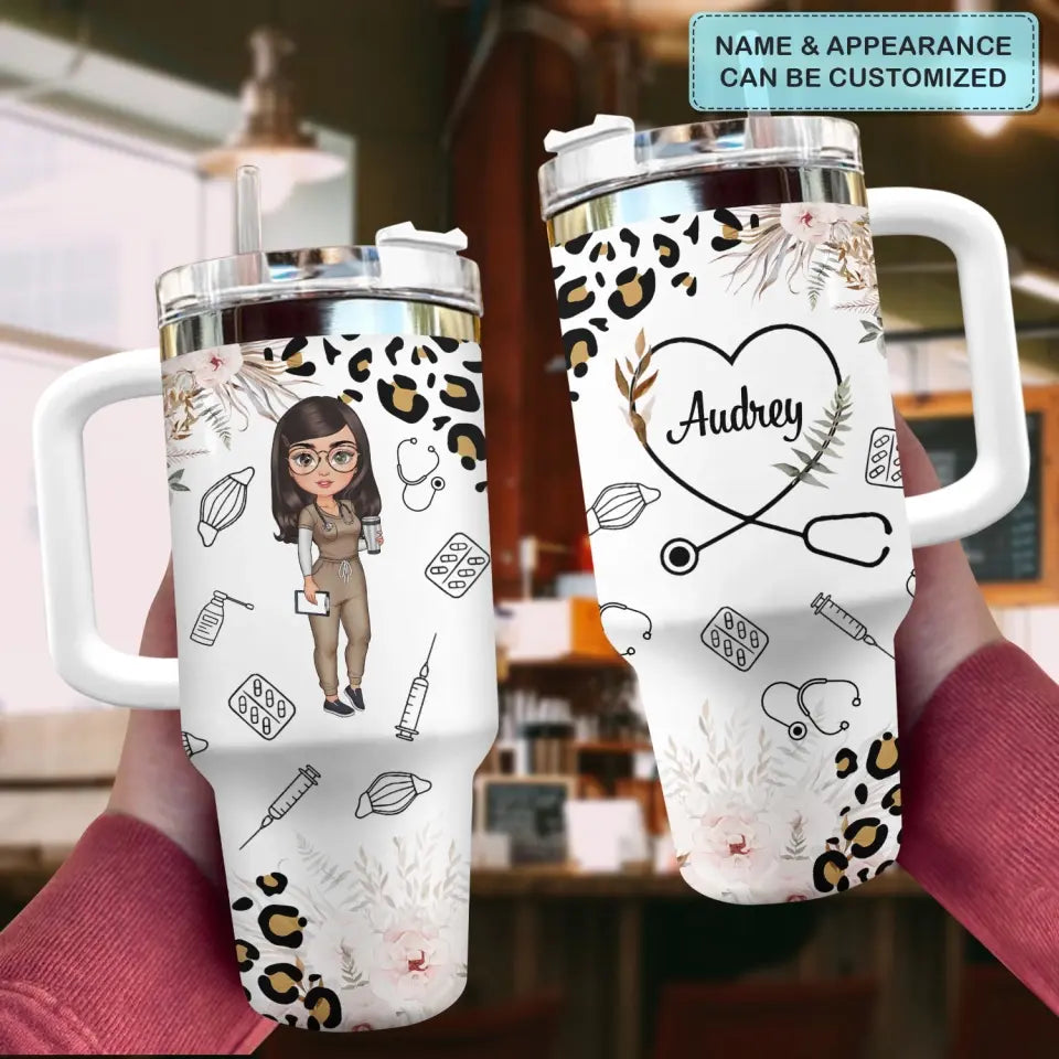 Nurse Life Leopard Pattern Custom Stanley Quencher 40Oz Stainless Steel Tumbler With Handle