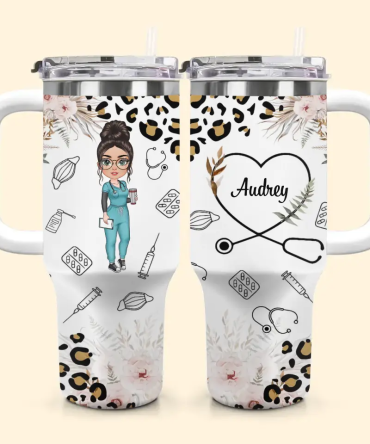 Nurse Life Leopard Pattern Custom Stanley Quencher 40Oz Stainless Steel Tumbler With Handle