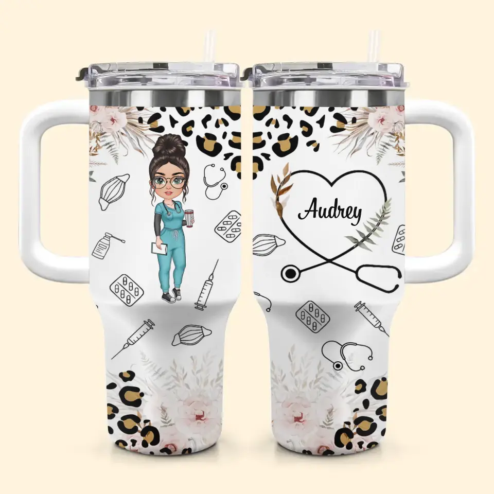 Nurse Life Leopard Pattern Custom Stanley Quencher 40Oz Stainless Steel Tumbler With Handle