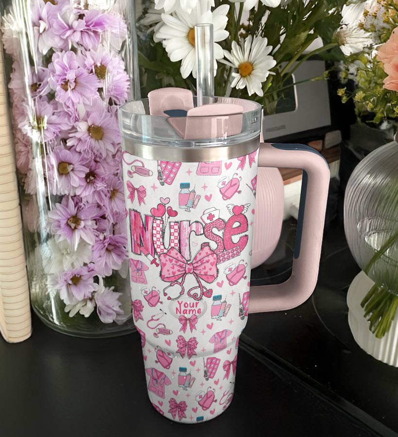Nurse Valentine Custom Stanley Quencher 40Oz Stainless Steel Tumbler With Handle - Image 2