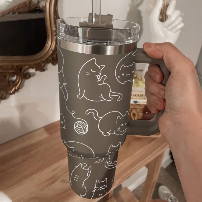 Outline Cat Custom Stanley Quencher 40Oz Stainless Steel Tumbler