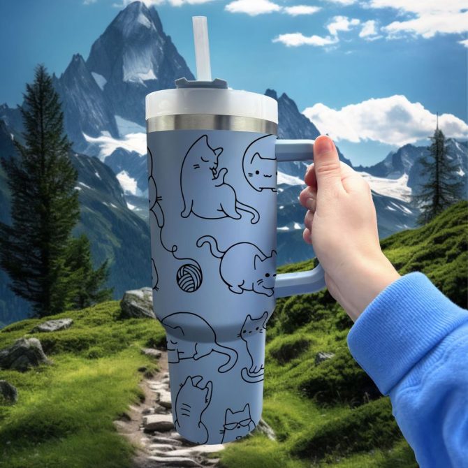 Outline Cat Custom Stanley Quencher 40Oz Stainless Steel Tumbler