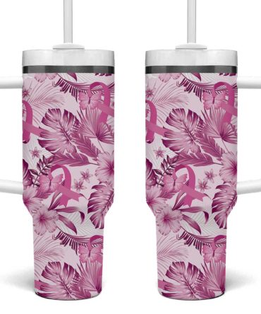 Pink Ribbon Hibiscus Tropical Breast Cancer Custom Stanley Quencher 40Oz Stainless Steel Tumbler With Handle