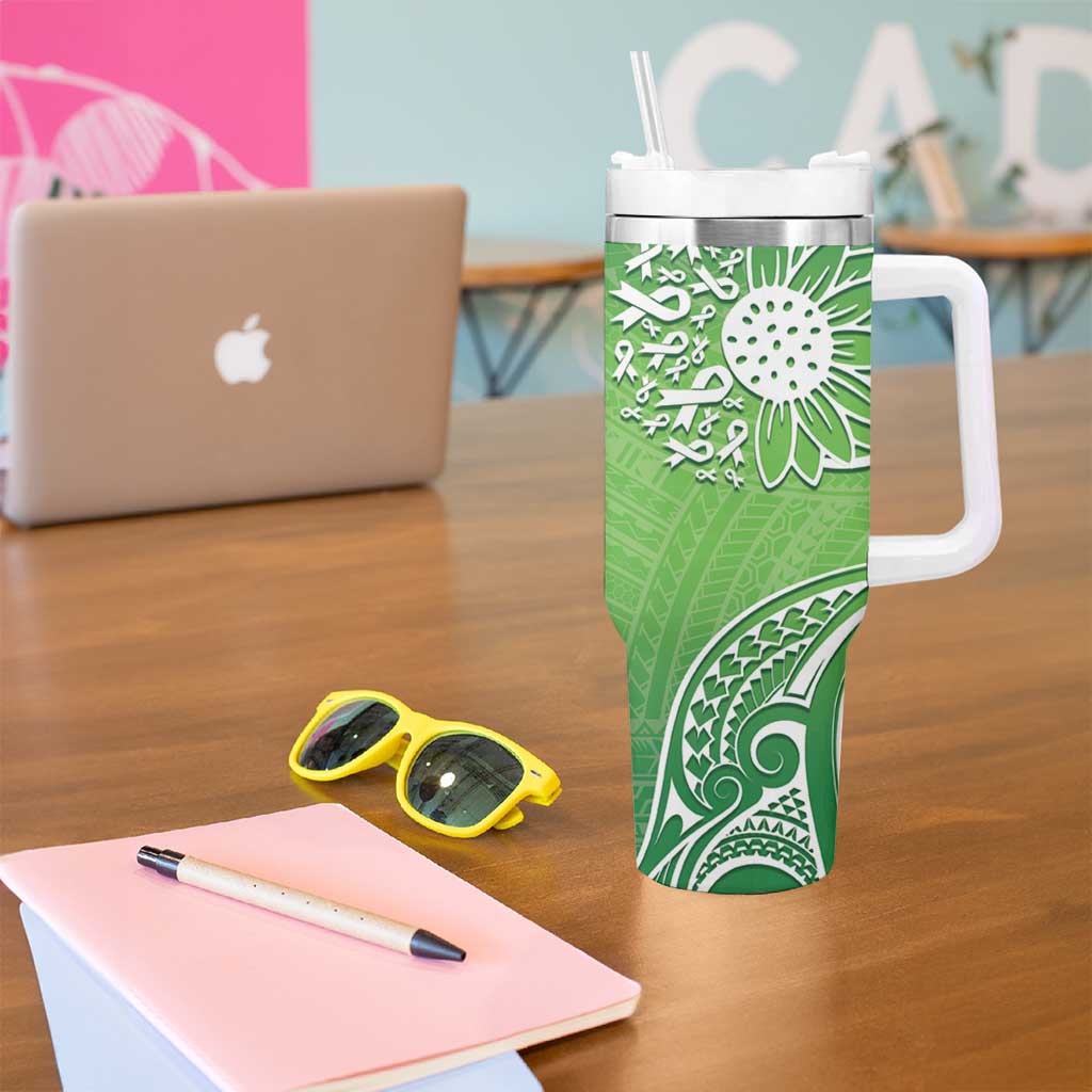 Polynesia Depression Awareness Sunflower Green Ribbons Custom Stanley Quencher 40Oz Stainless Steel Tumbler With Handle - Image 5