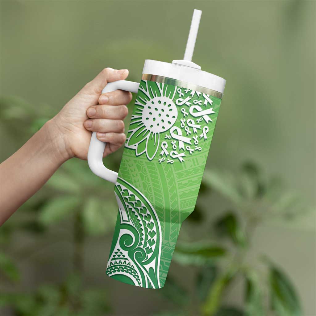 Polynesia Depression Awareness Sunflower Green Ribbons Custom Stanley Quencher 40Oz Stainless Steel Tumbler With Handle - Image 3