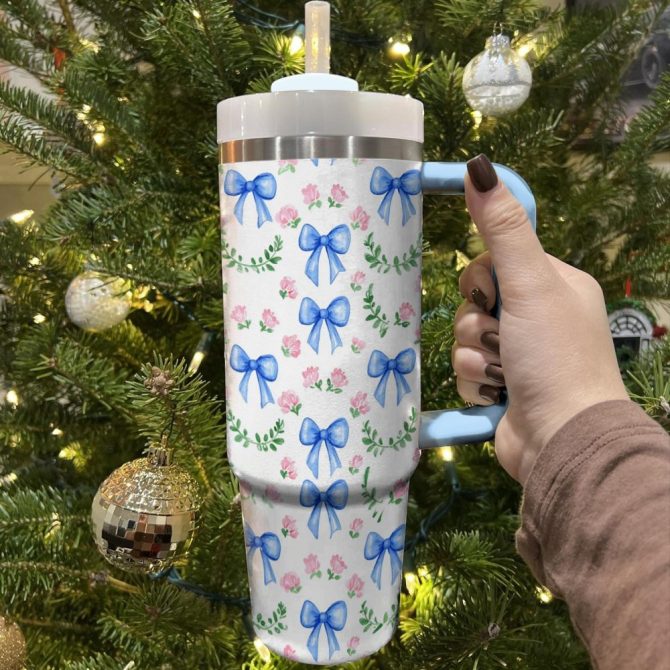 Pretty Blue Bows Custom Stanley Quencher 40Oz Stainless Steel Tumbler With Handle - Image 3