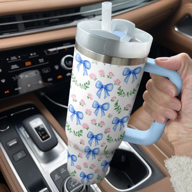 Pretty Blue Bows Custom Stanley Quencher 40Oz Stainless Steel Tumbler With Handle - Image 2