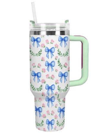 Pretty Blue Bows Custom Stanley Quencher 40Oz Stainless Steel Tumbler With Handle