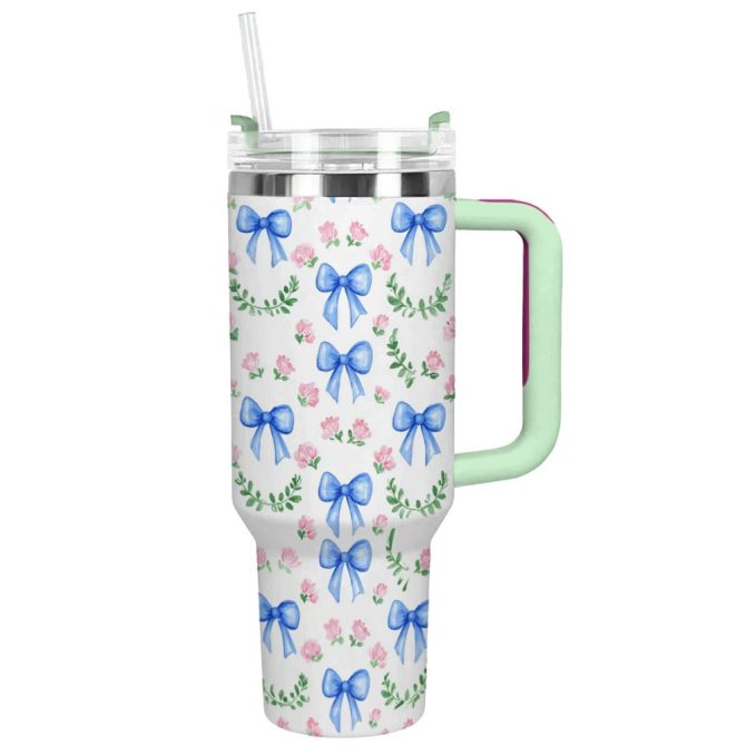 Pretty Blue Bows Custom Stanley Quencher 40Oz Stainless Steel Tumbler With Handle