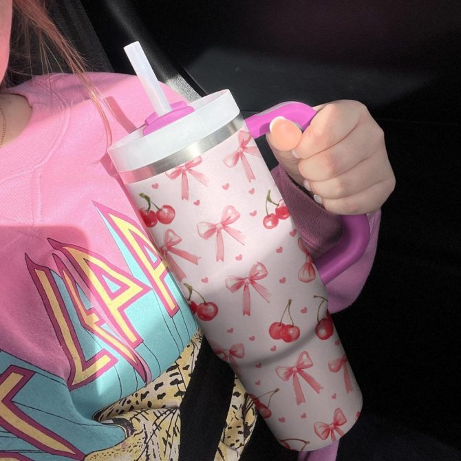 Pretty Pink Bows And Cherries Custom Stanley Quencher 40Oz Stainless Steel Tumbler With Handle - Image 2