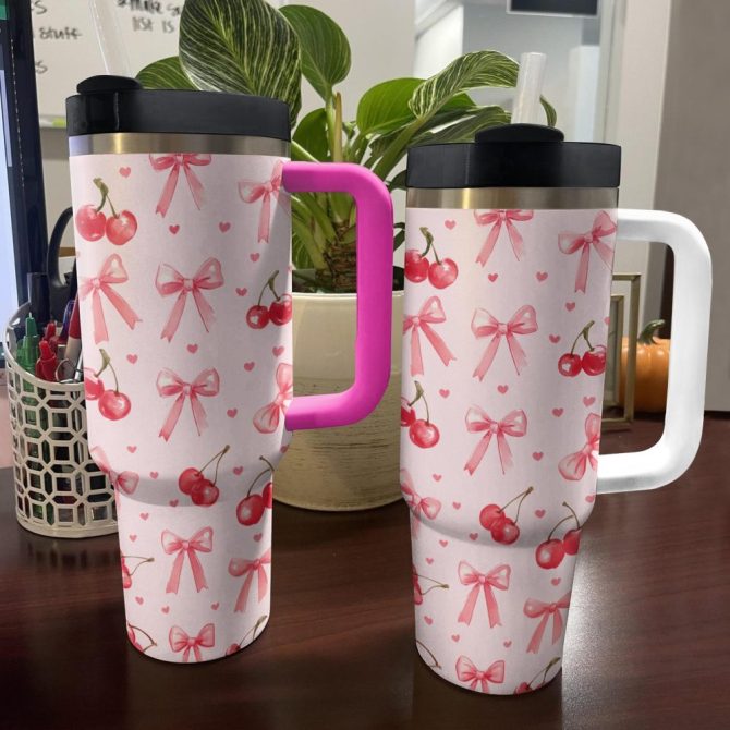 Pretty Pink Bows And Cherries Custom Stanley Quencher 40Oz Stainless Steel Tumbler With Handle - Image 4
