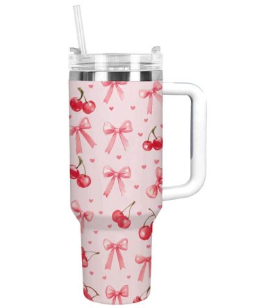 Pretty Pink Bows And Cherries Custom Stanley Quencher 40Oz Stainless Steel Tumbler With Handle