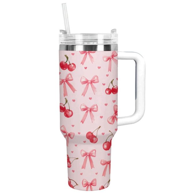 Pretty Pink Bows And Cherries Custom Stanley Quencher 40Oz Stainless Steel Tumbler With Handle