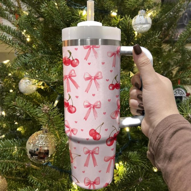 Pretty Pink Bows And Cherries Custom Stanley Quencher 40Oz Stainless Steel Tumbler With Handle - Image 3