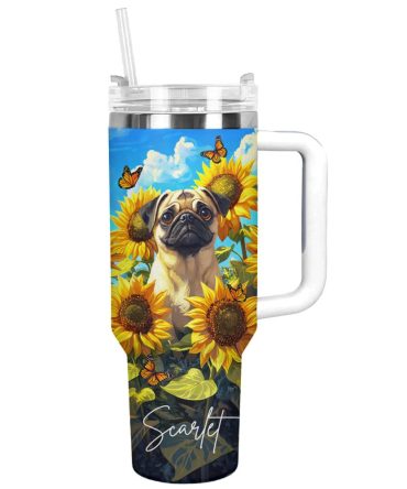 Pug Dog And Sunflower Custom Stanley Quencher 40Oz Stainless Steel Tumbler With Handle