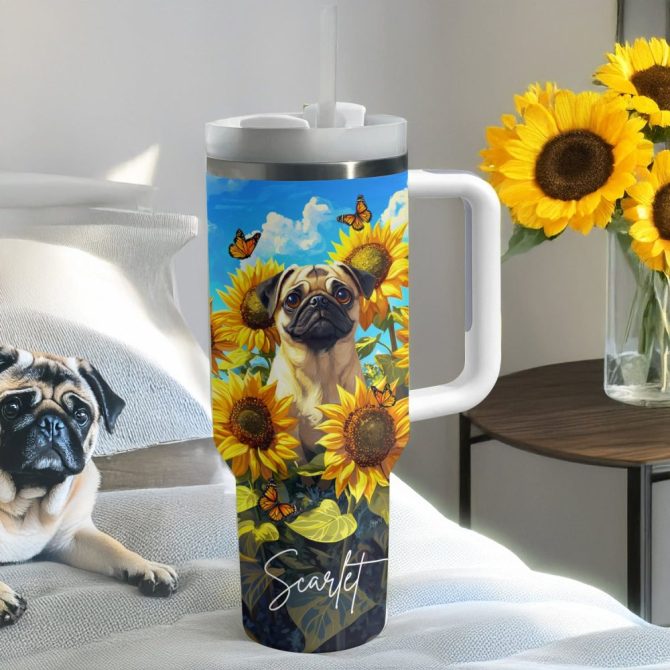 Pug Dog And Sunflower Custom Stanley Quencher 40Oz Stainless Steel Tumbler With Handle - Image 2