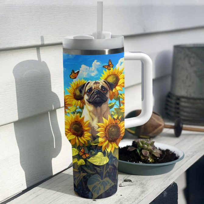 Pug Dog And Sunflower Custom Stanley Quencher 40Oz Stainless Steel Tumbler With Handle - Image 4