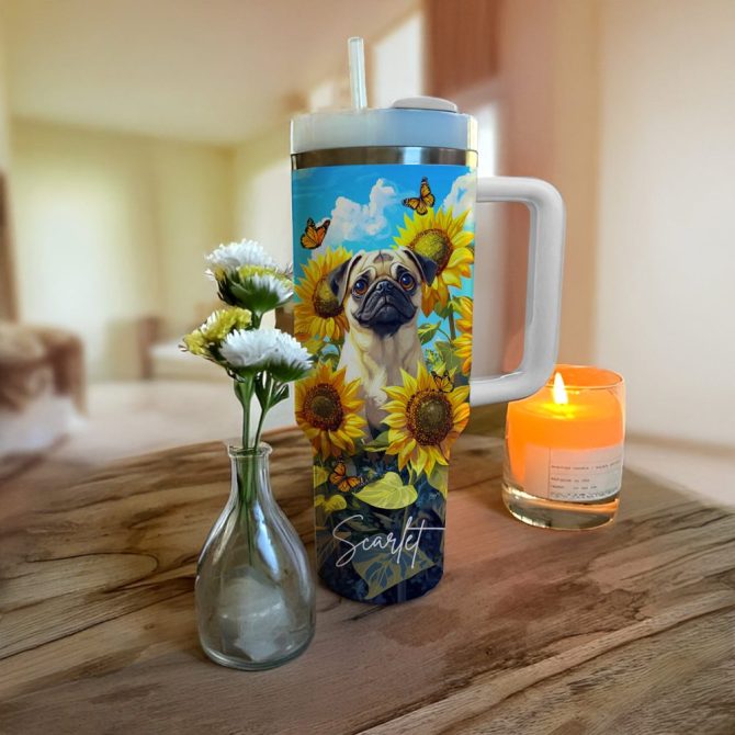 Pug Dog And Sunflower Custom Stanley Quencher 40Oz Stainless Steel Tumbler With Handle - Image 3