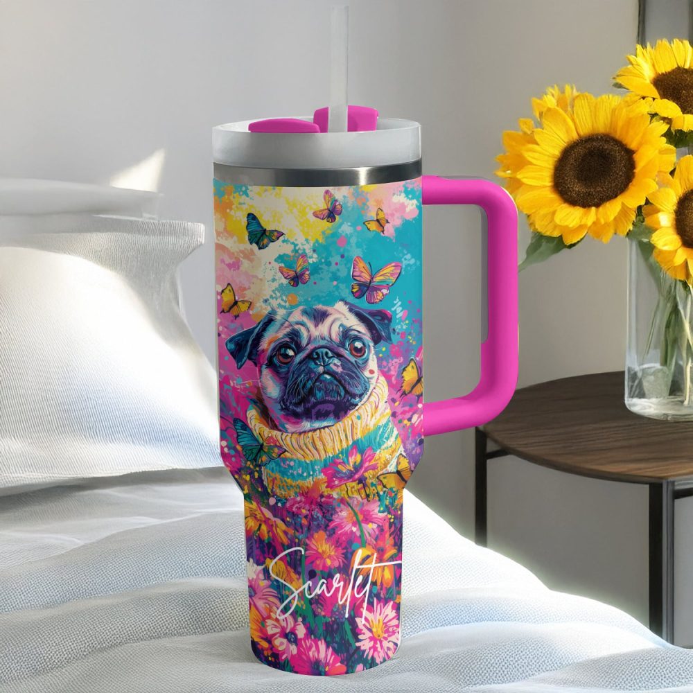 Puggy Dog Floral Paradise Custom Stanley Quencher 40Oz Stainless Steel Tumbler With Handle - Image 3