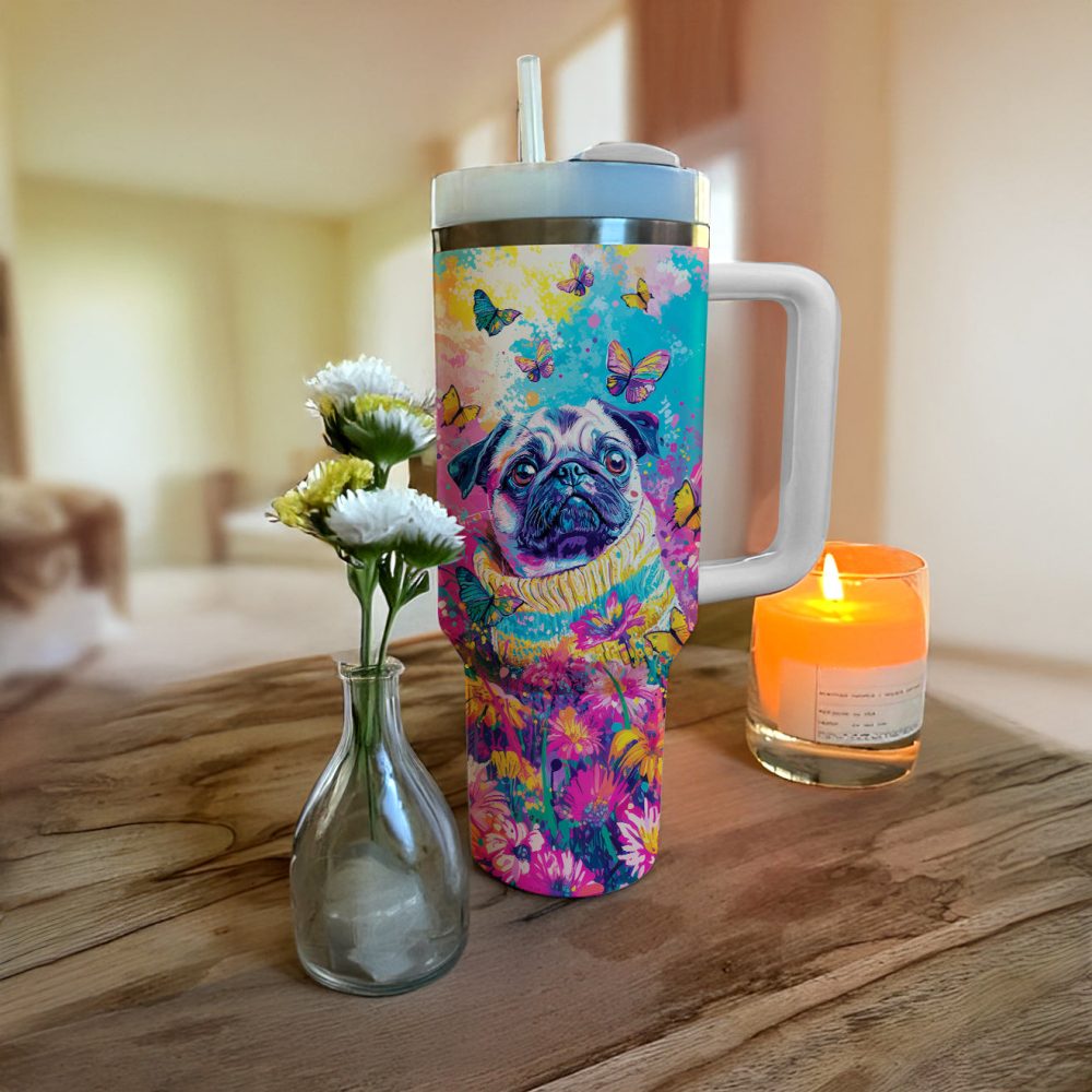 Puggy Dog Floral Paradise Custom Stanley Quencher 40Oz Stainless Steel Tumbler With Handle - Image 4