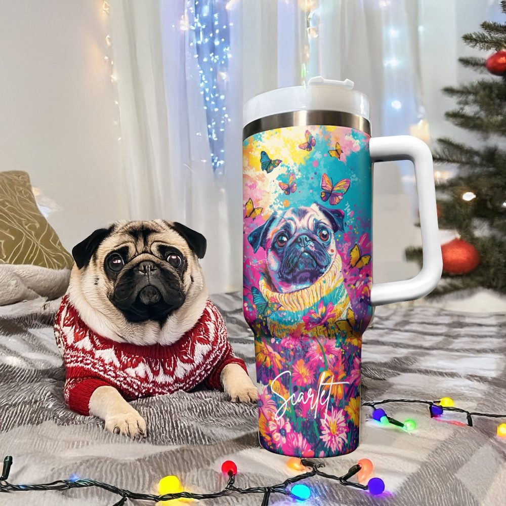Puggy Dog Floral Paradise Custom Stanley Quencher 40Oz Stainless Steel Tumbler With Handle - Image 2