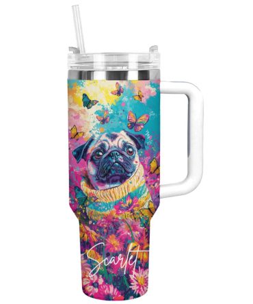 Puggy Dog Floral Paradise Custom Stanley Quencher 40Oz Stainless Steel Tumbler With Handle