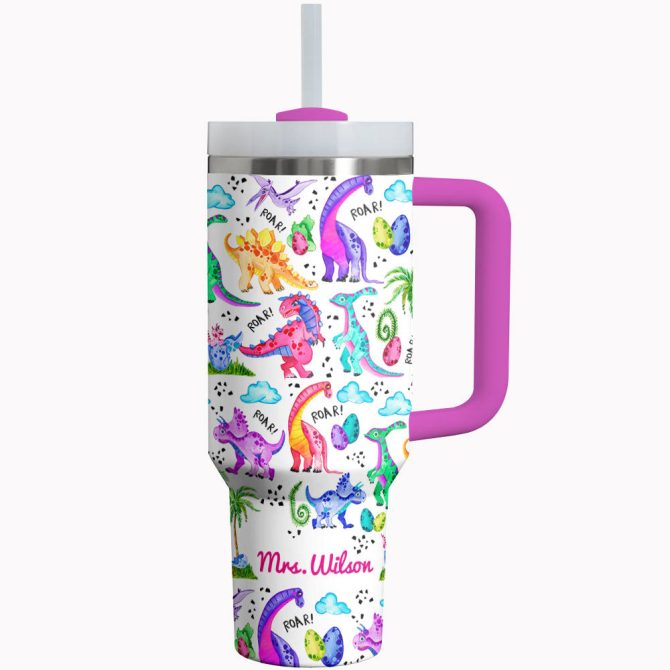 Rainbow Rex Custom Stanley Quencher 40Oz Stainless Steel Tumbler With Handle