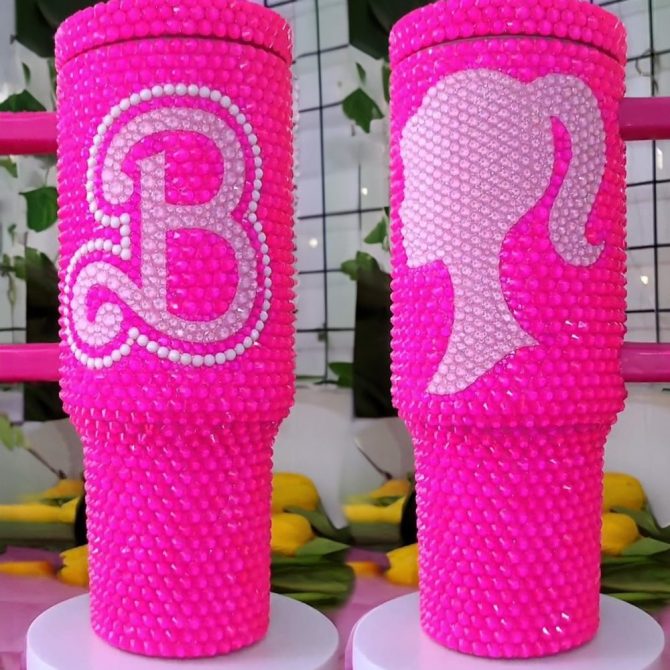 Rhinestone Bling Barbie Doll Cartoon Custom Stanley Quencher 40Oz Stainless Steel Tumbler With Handle