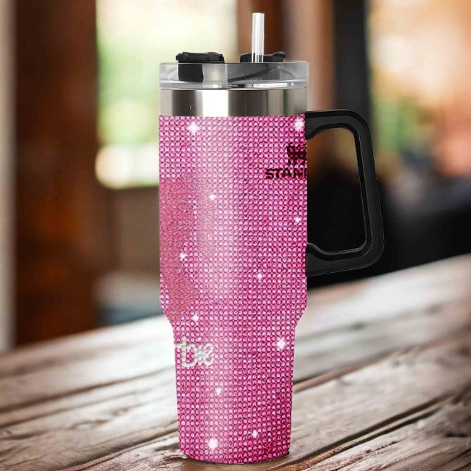 Rhinestone Bling Barbie Doll Cartoon Custom Stanley Quencher 40Oz Stainless Steel Tumbler With Handle - Image 5